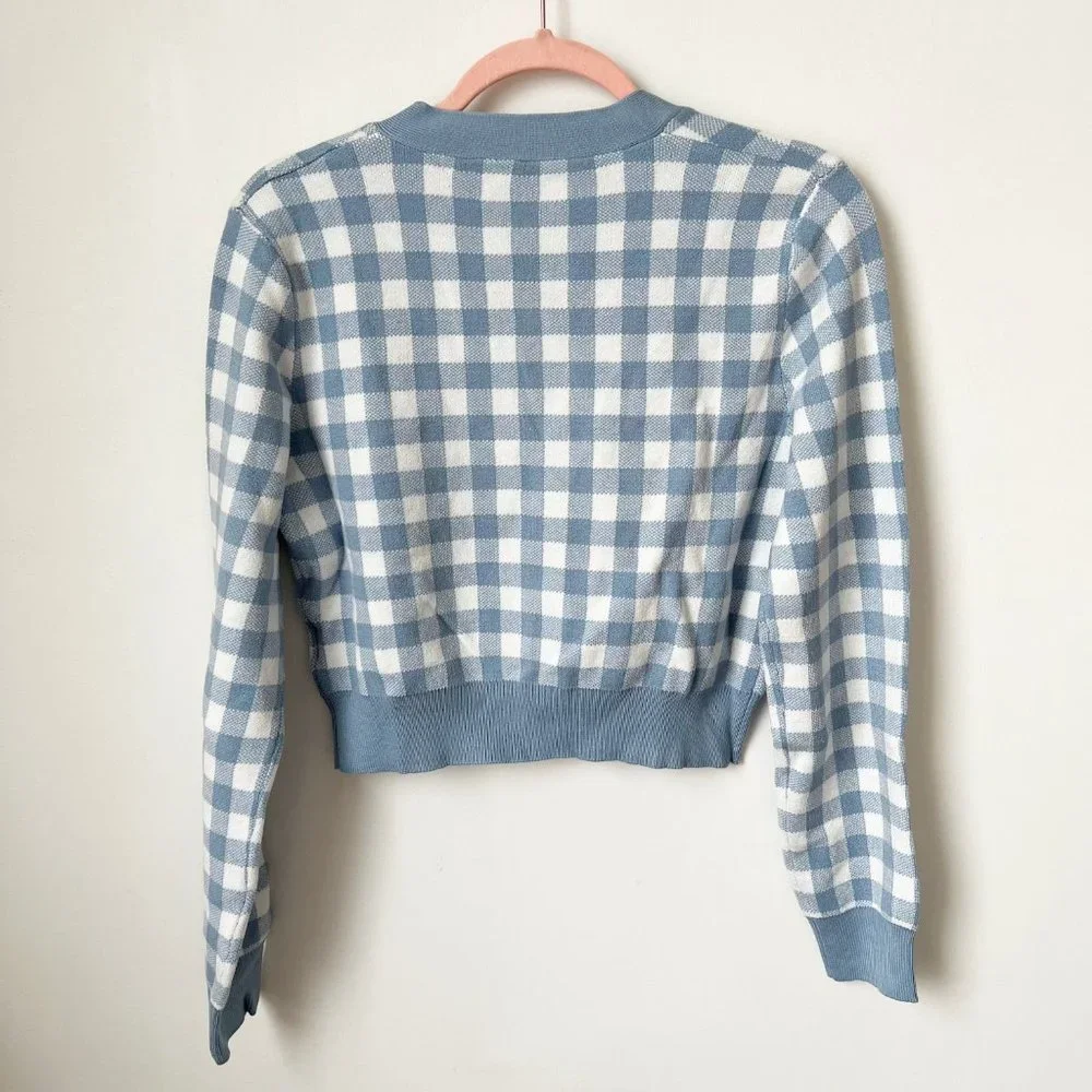 SHEIN Gingham Pattern Button Front Crop Cardigan Blue - Picture 2 of 5